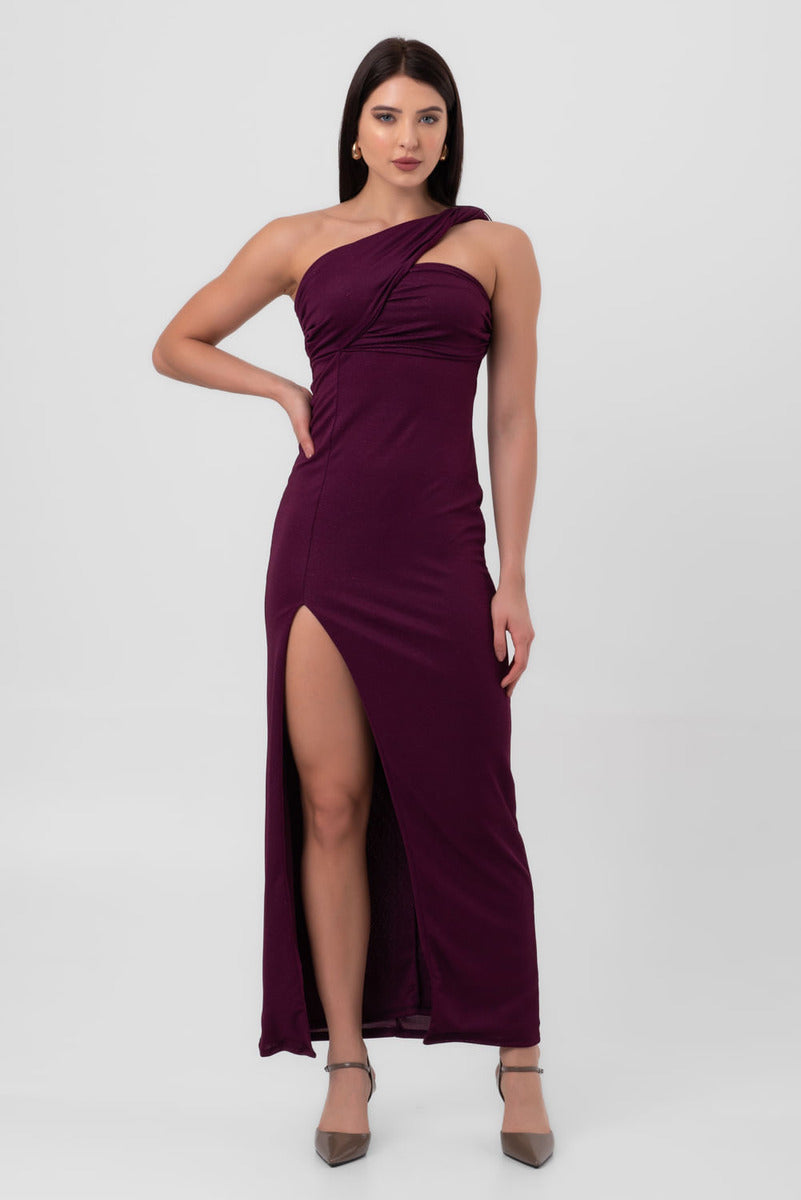 Vestido Lurex Super Midi Assimetria Grega Roxo Labrava