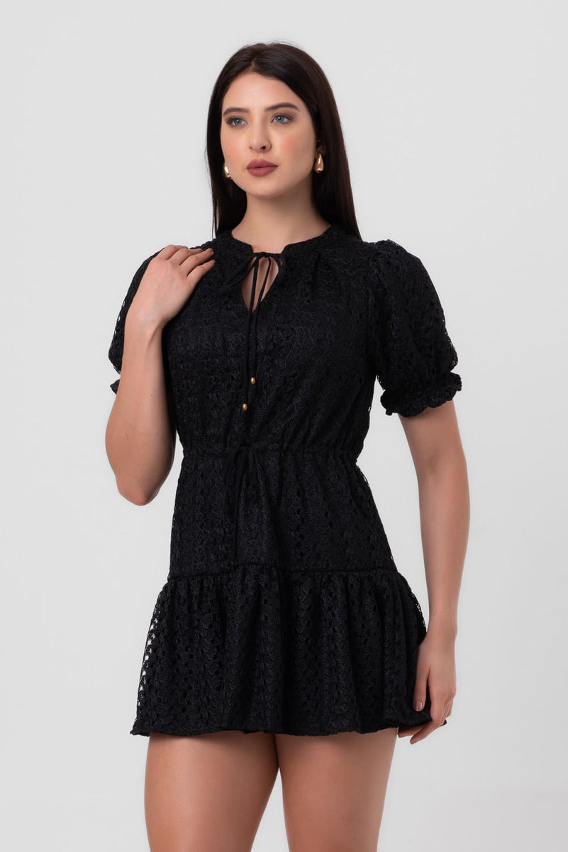 Vestido Renda Curto Bufante Preto  Pequiá