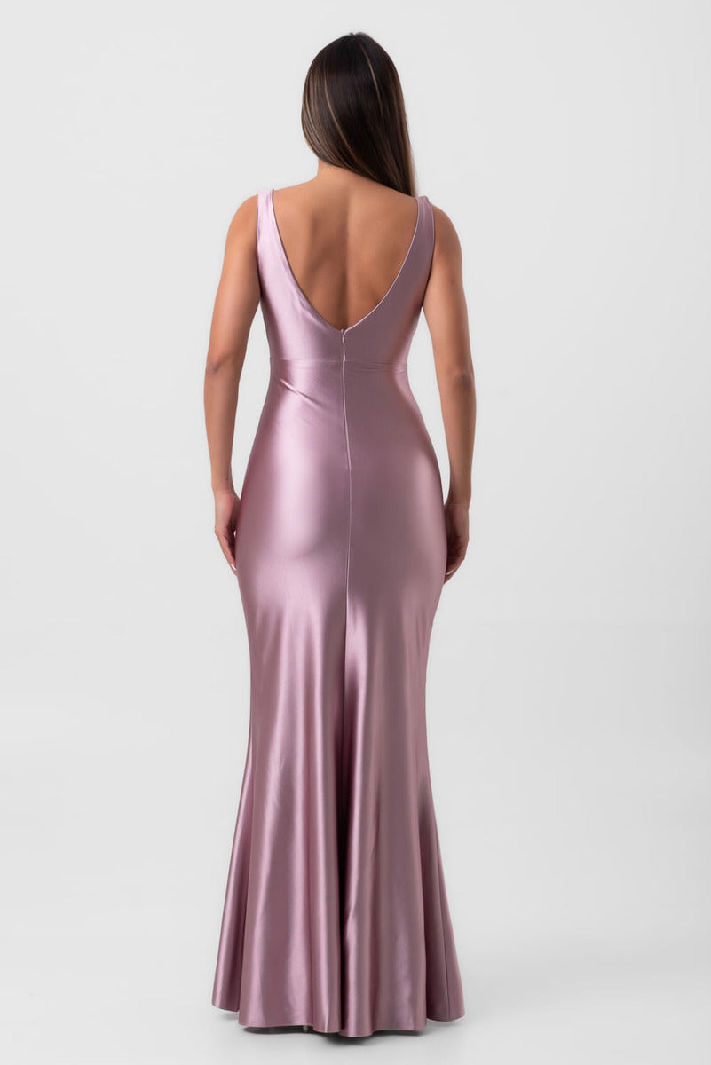 Vestido Satin Longo Slip Decote Profundo Roxo Labrava