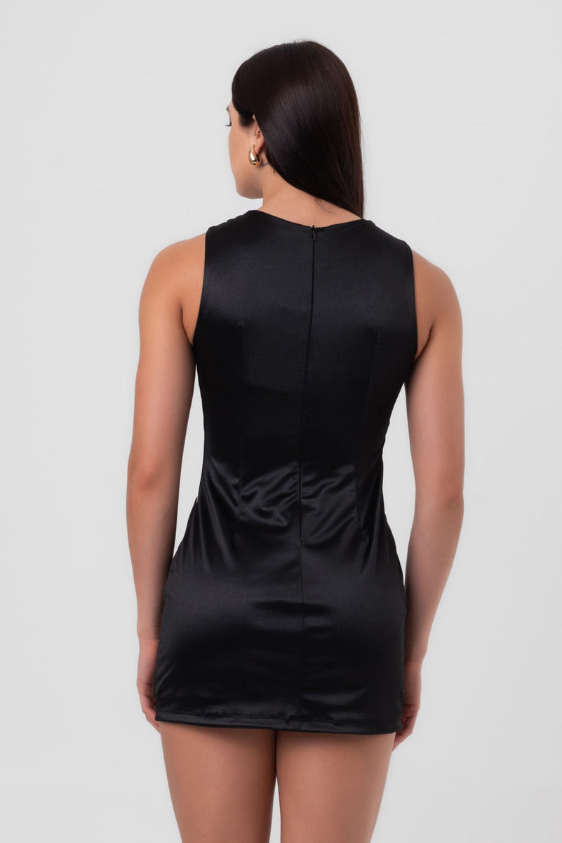 Vestido Satin Curto Ondulações Vazadas Preto Labrava